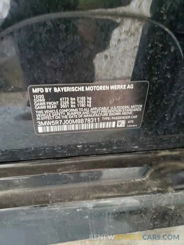 12 Photograph of a damaged car 3MW5R7J00M8B78311 BMW 3 SERIES 2021
