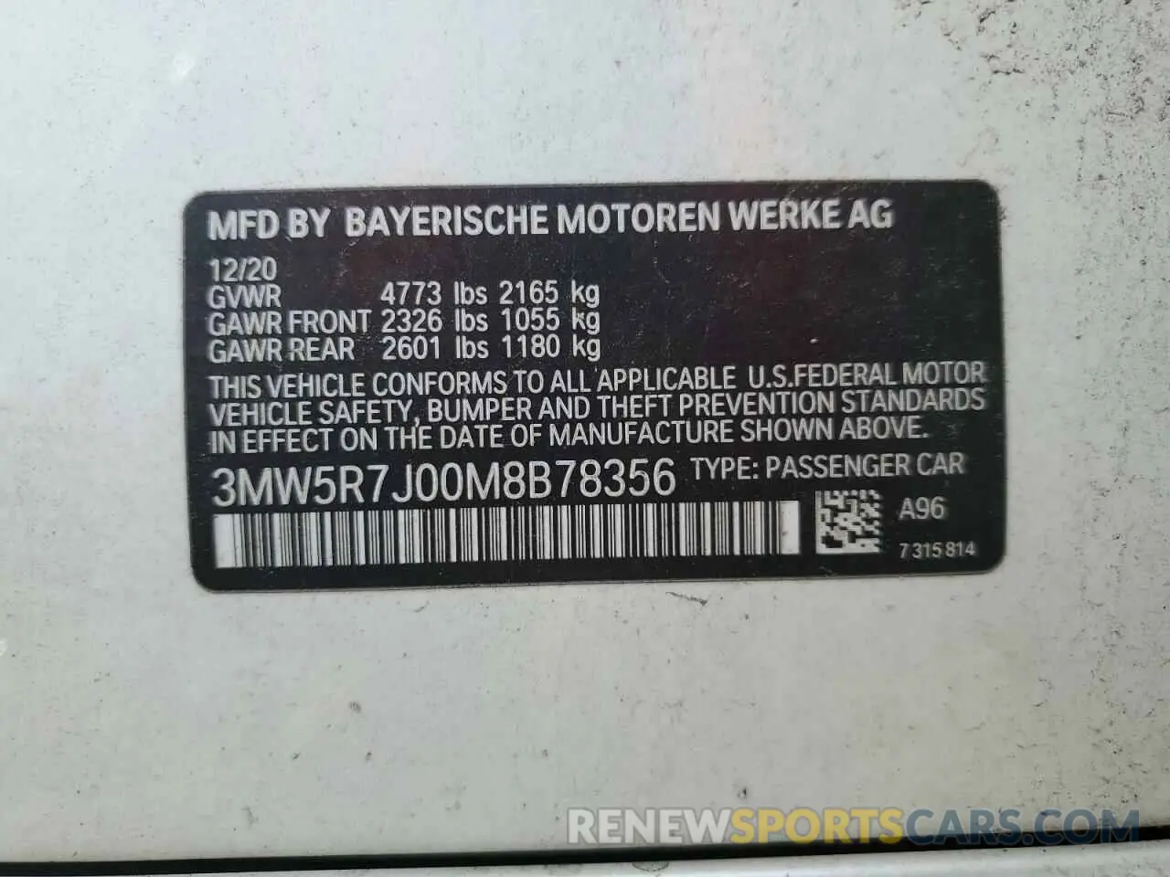 12 Photograph of a damaged car 3MW5R7J00M8B78356 BMW 3 SERIES 2021