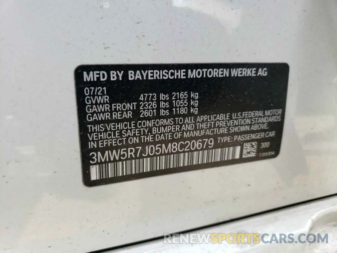 12 Photograph of a damaged car 3MW5R7J05M8C20679 BMW 3 SERIES 2021