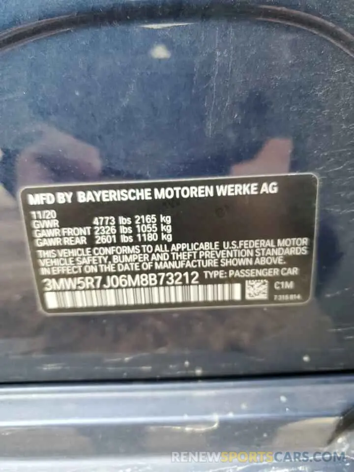 12 Photograph of a damaged car 3MW5R7J06M8B73212 BMW 3 SERIES 2021