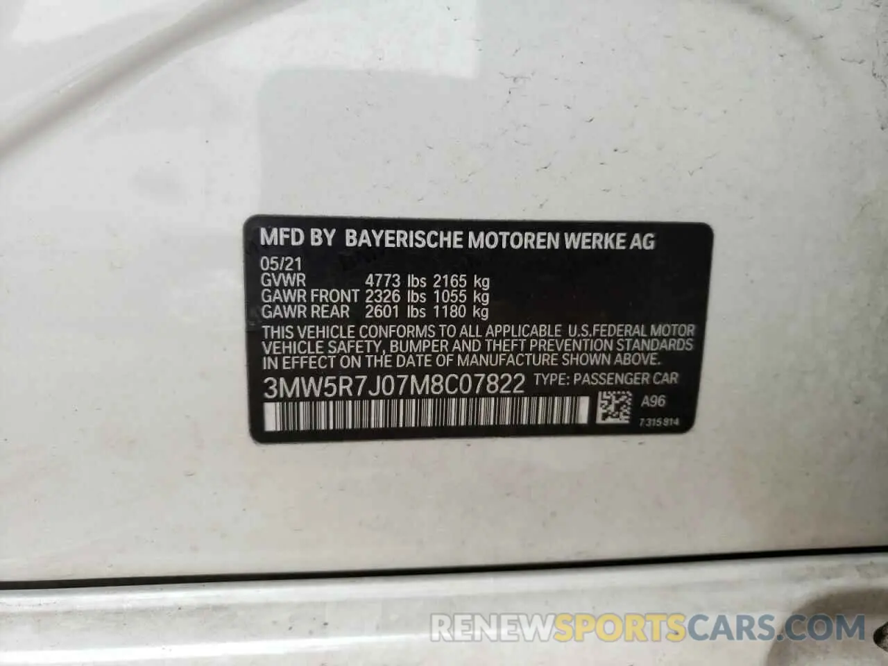 10 Photograph of a damaged car 3MW5R7J07M8C07822 BMW 3 SERIES 2021