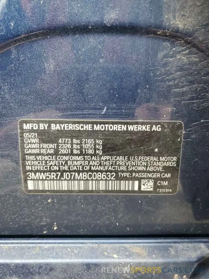 12 Photograph of a damaged car 3MW5R7J07M8C08632 BMW 3 SERIES 2021
