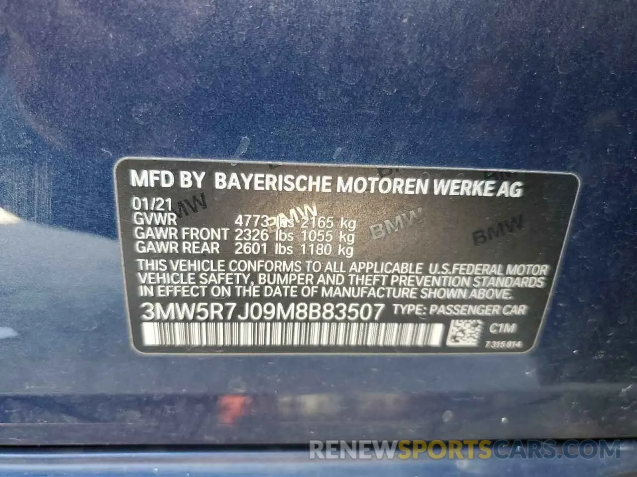 12 Photograph of a damaged car 3MW5R7J09M8B83507 BMW 3 SERIES 2021