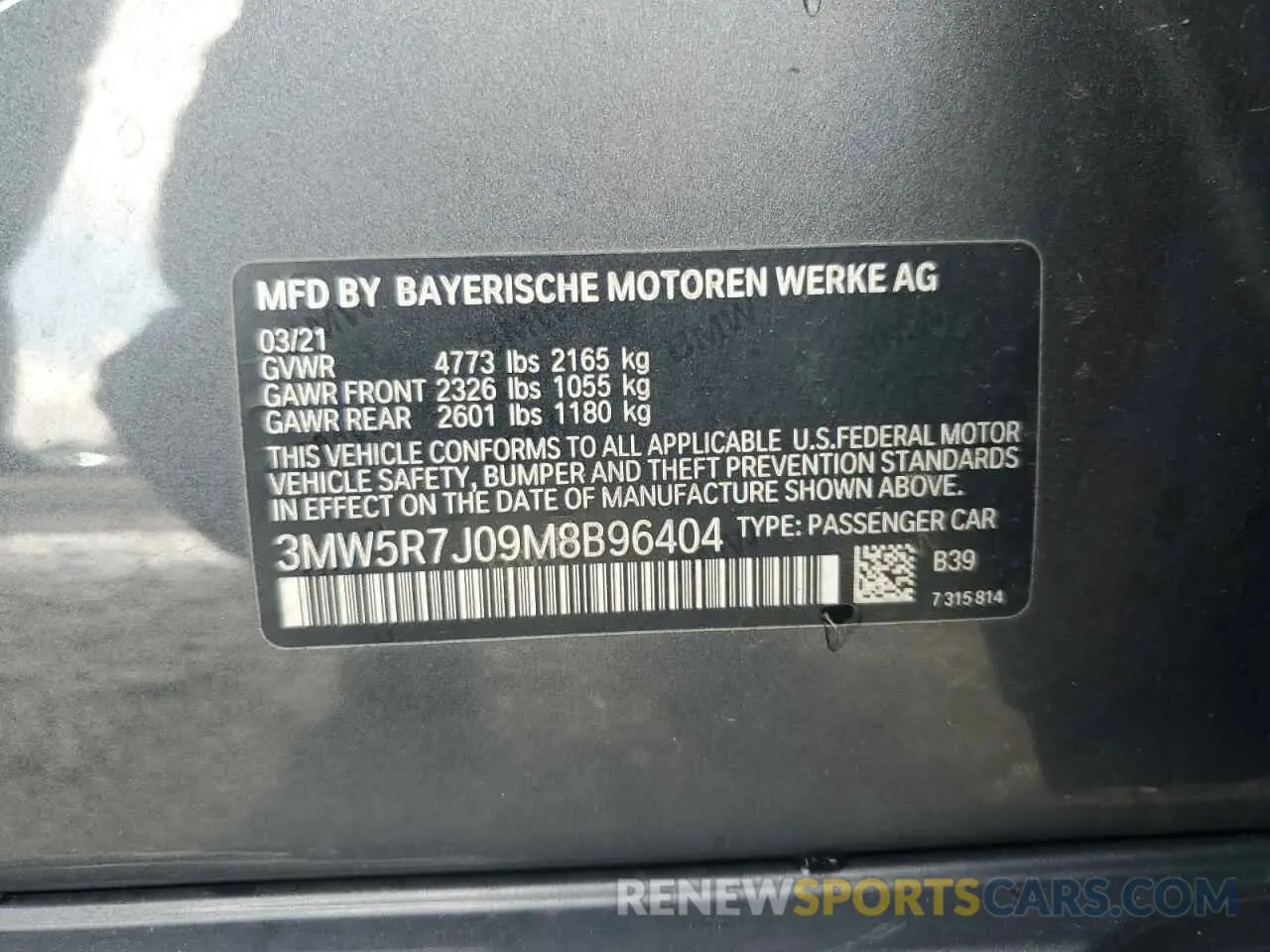 12 Photograph of a damaged car 3MW5R7J09M8B96404 BMW 3 SERIES 2021