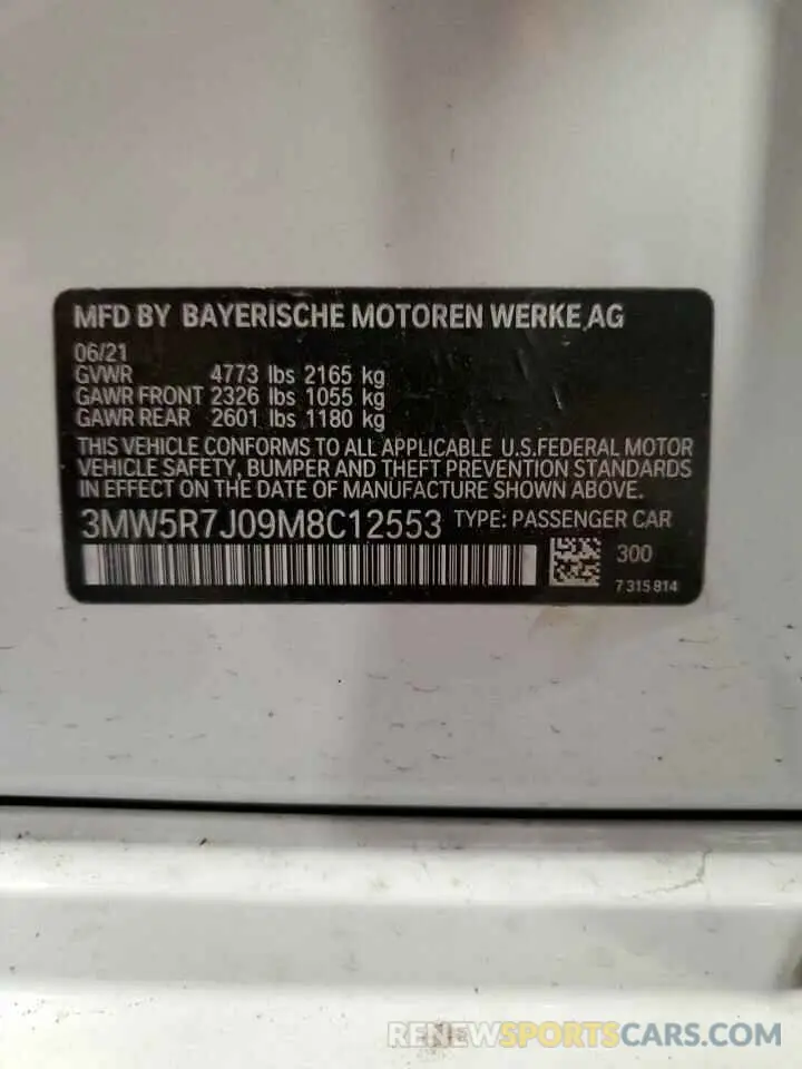 12 Photograph of a damaged car 3MW5R7J09M8C12553 BMW 3 SERIES 2021