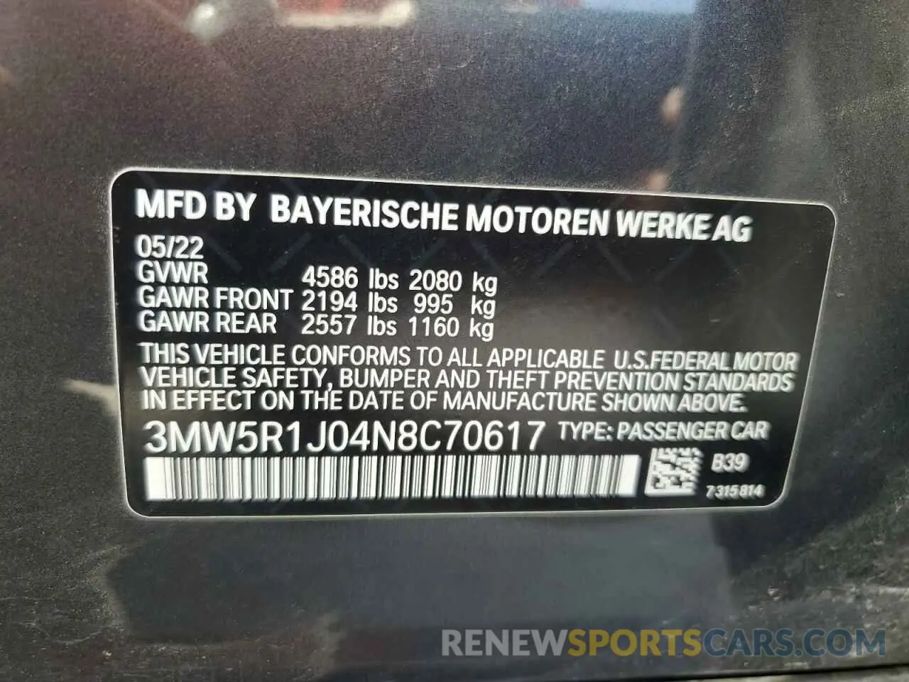 14 Photograph of a damaged car 3MW5R1J04N8C70617 BMW 3 SERIES 2022