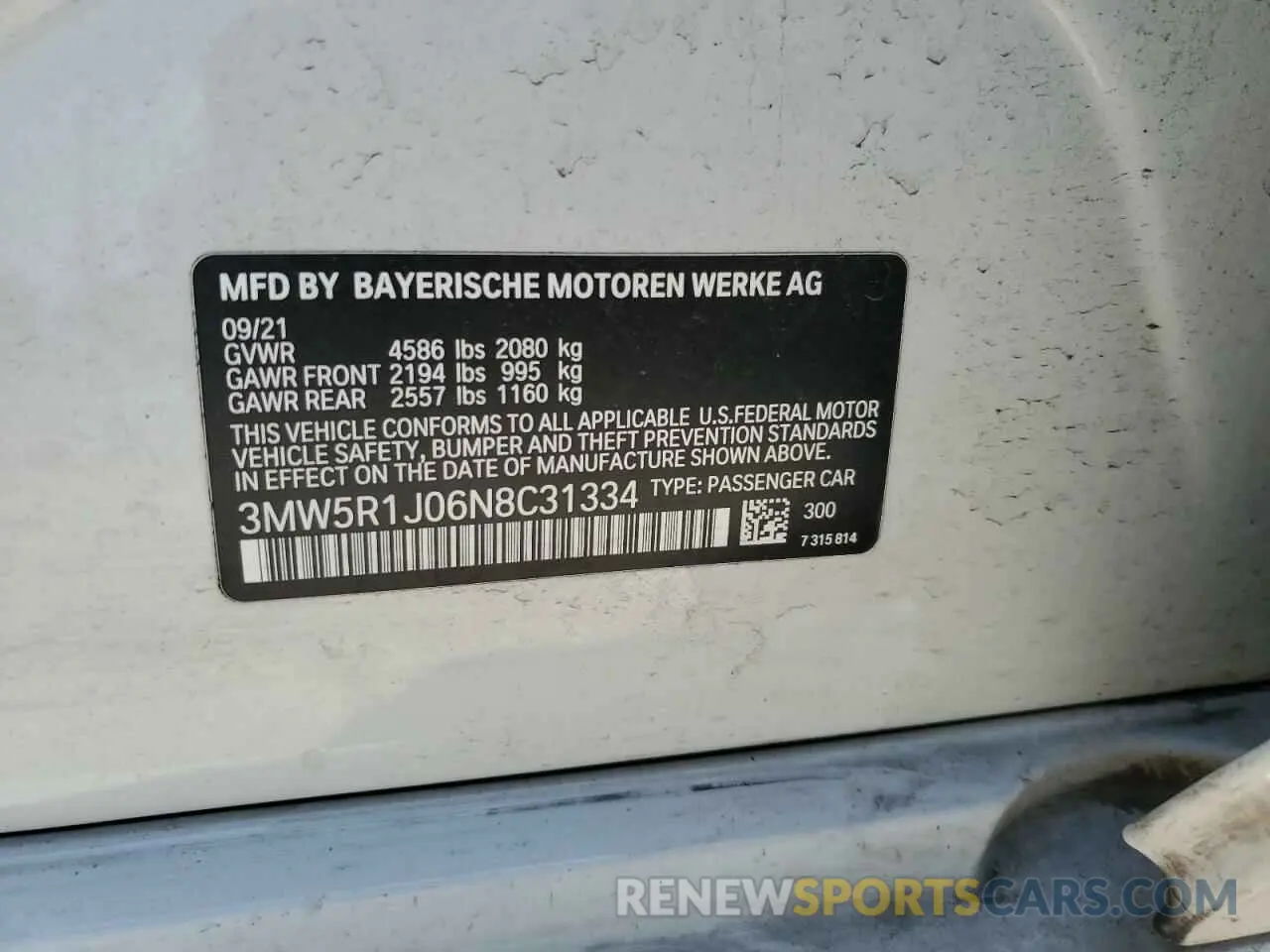 14 Photograph of a damaged car 3MW5R1J06N8C31334 BMW 3 SERIES 2022