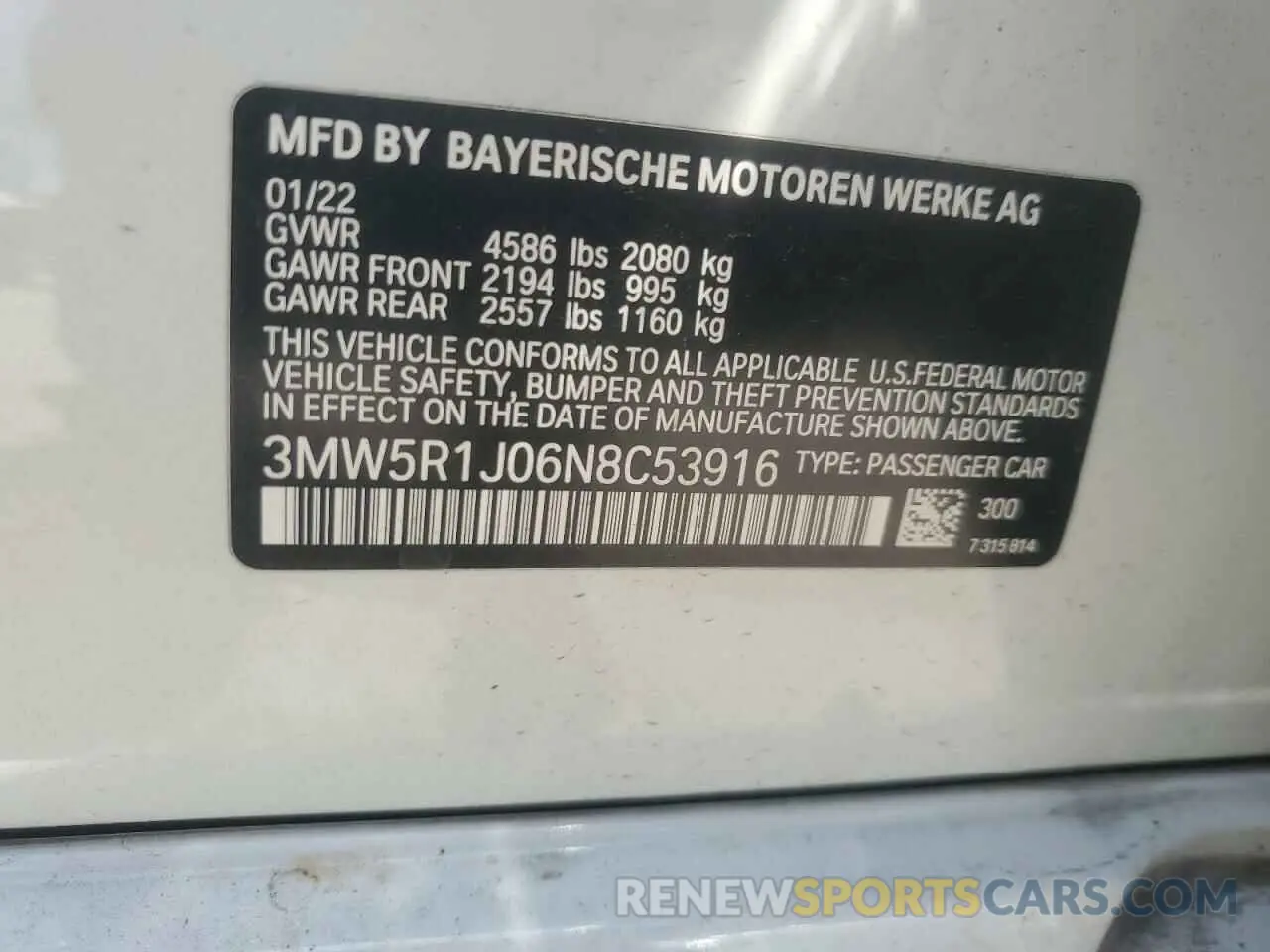 12 Photograph of a damaged car 3MW5R1J06N8C53916 BMW 3 SERIES 2022