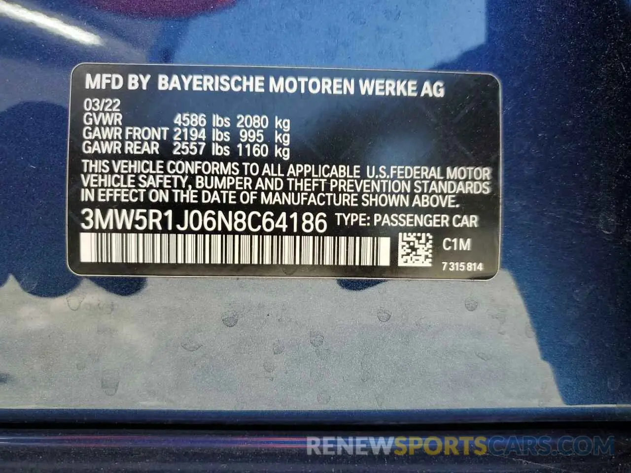12 Photograph of a damaged car 3MW5R1J06N8C64186 BMW 3 SERIES 2022