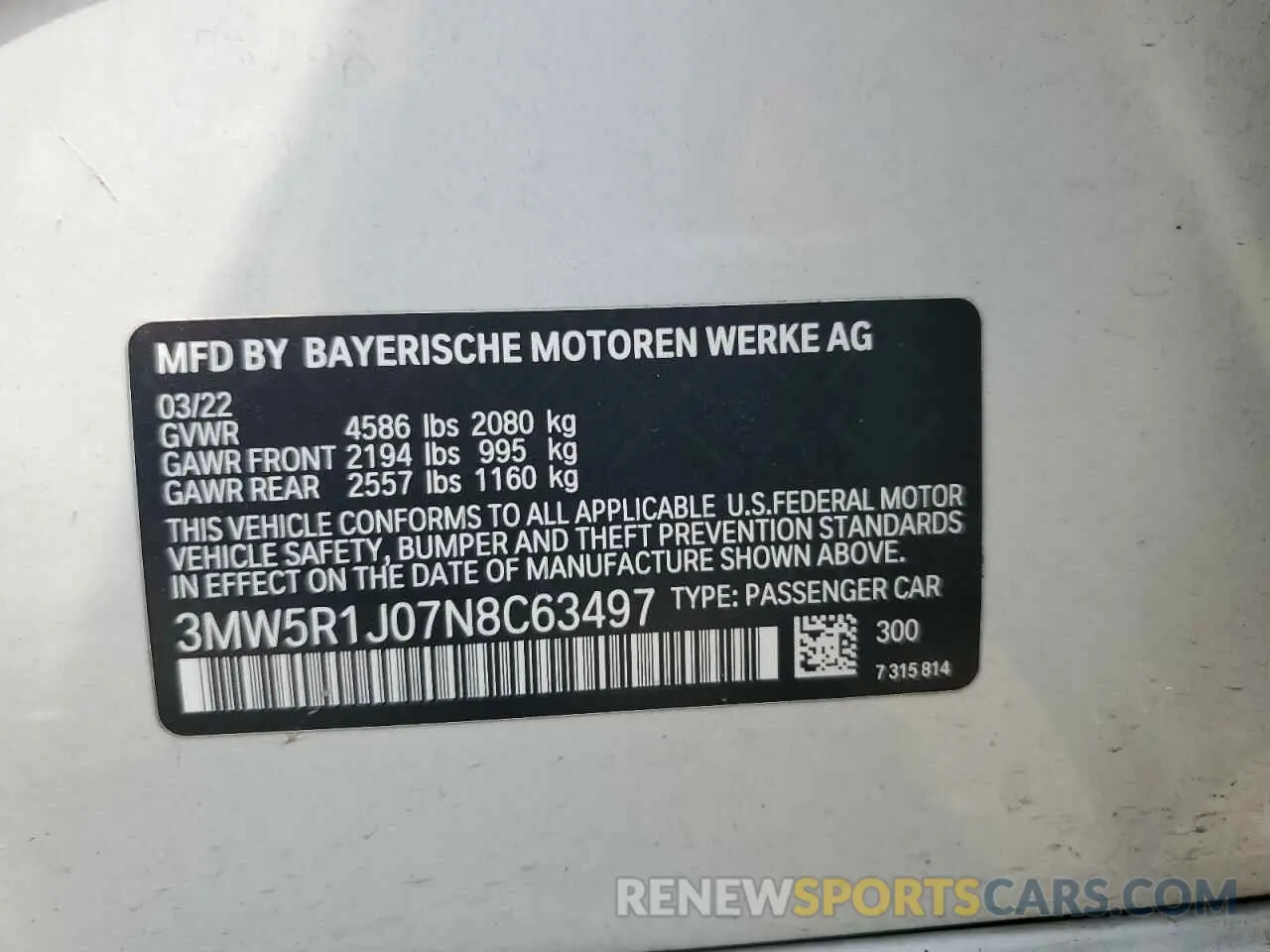 12 Photograph of a damaged car 3MW5R1J07N8C63497 BMW 3 SERIES 2022