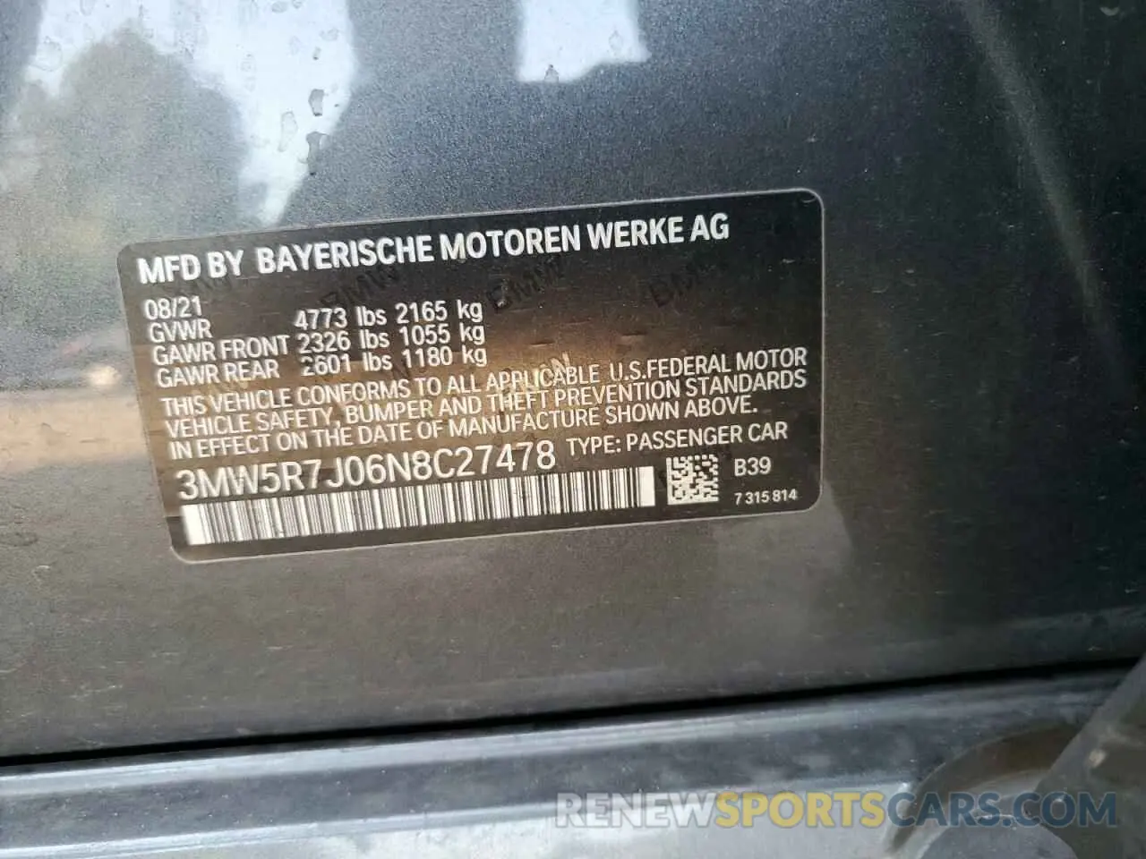 13 Photograph of a damaged car 3MW5R7J06N8C27478 BMW 3 SERIES 2022