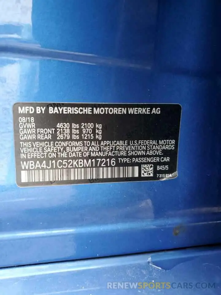12 Photograph of a damaged car WBA4J1C52KBM17216 BMW 4 SERIES 2019