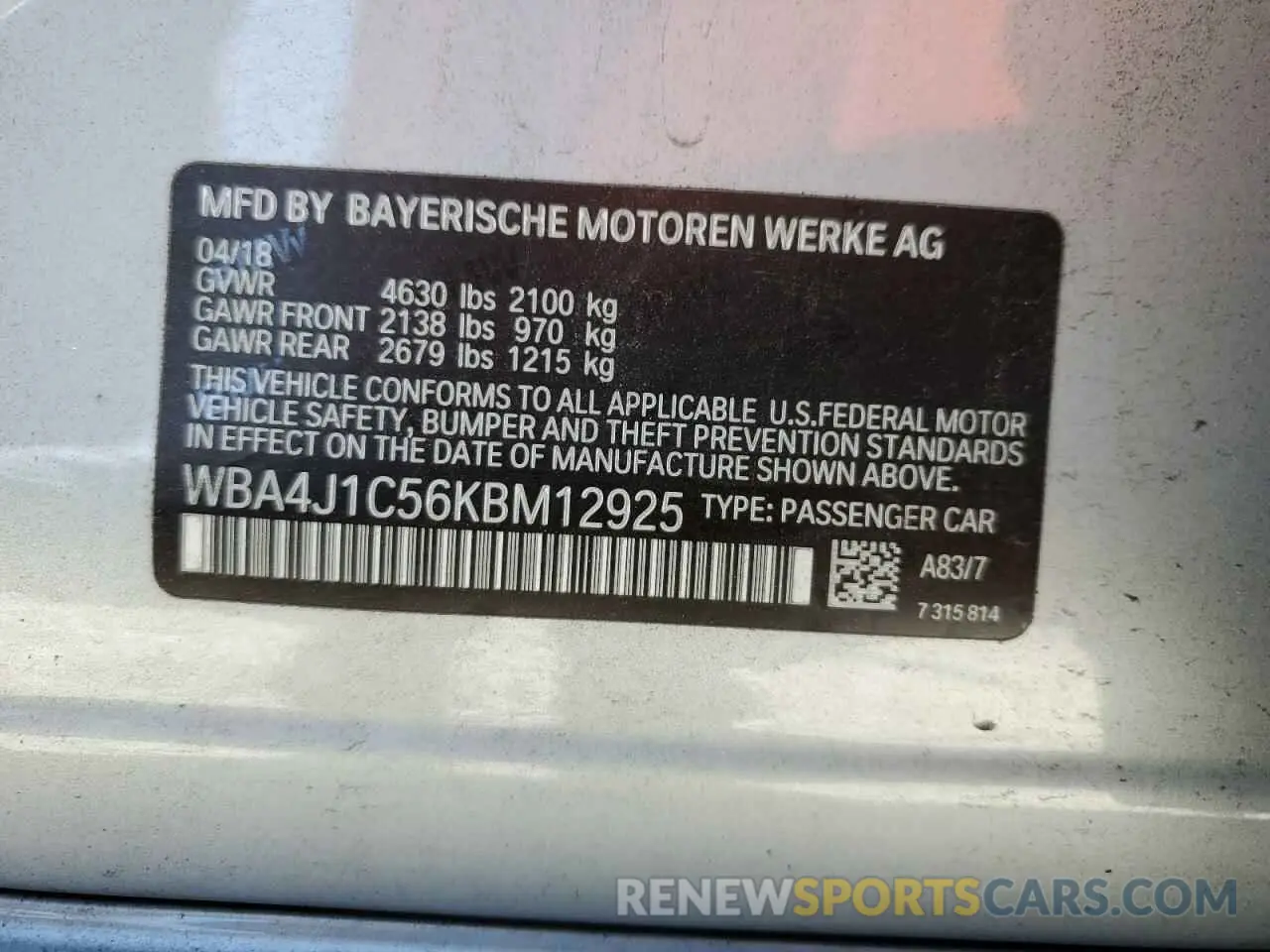 12 Photograph of a damaged car WBA4J1C56KBM12925 BMW 4 SERIES 2019