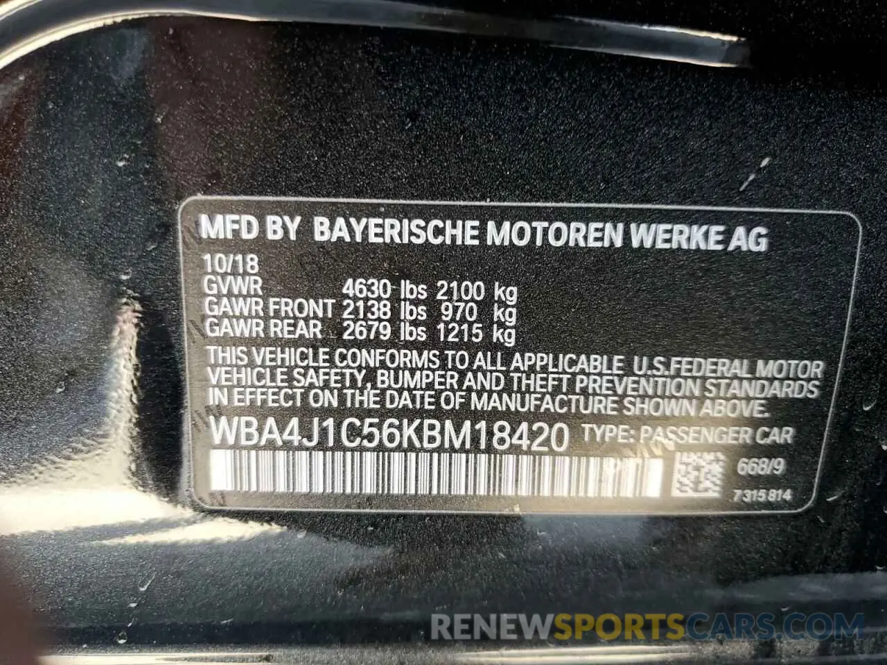 10 Photograph of a damaged car WBA4J1C56KBM18420 BMW 4 SERIES 2019