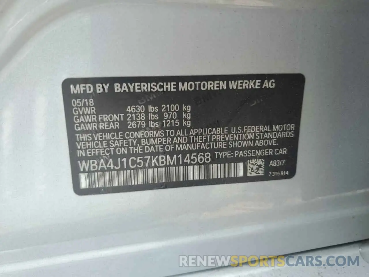 12 Photograph of a damaged car WBA4J1C57KBM14568 BMW 4 SERIES 2019