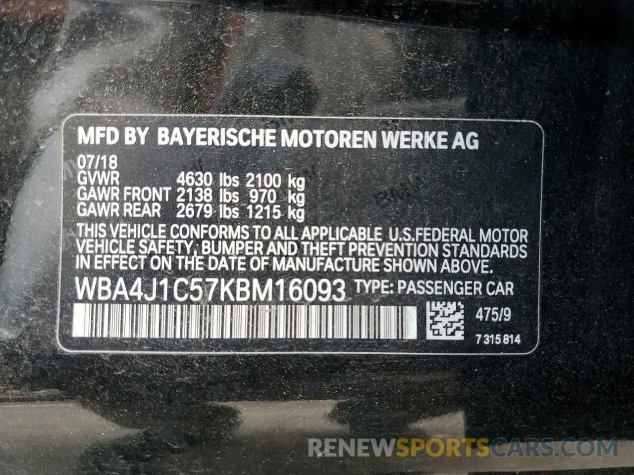 12 Photograph of a damaged car WBA4J1C57KBM16093 BMW 4 SERIES 2019