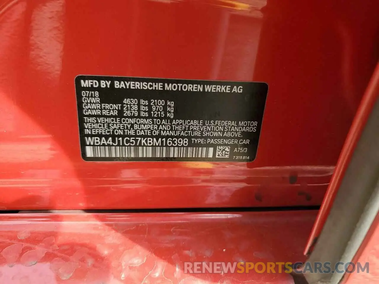 12 Photograph of a damaged car WBA4J1C57KBM16398 BMW 4 SERIES 2019