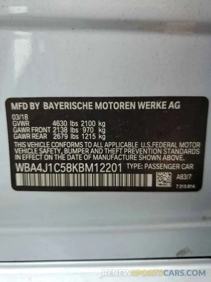 12 Photograph of a damaged car WBA4J1C58KBM12201 BMW 4 SERIES 2019