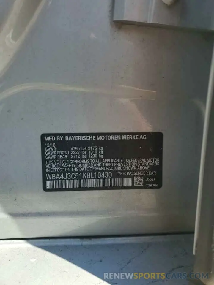 12 Photograph of a damaged car WBA4J3C51KBL10430 BMW 4 SERIES 2019