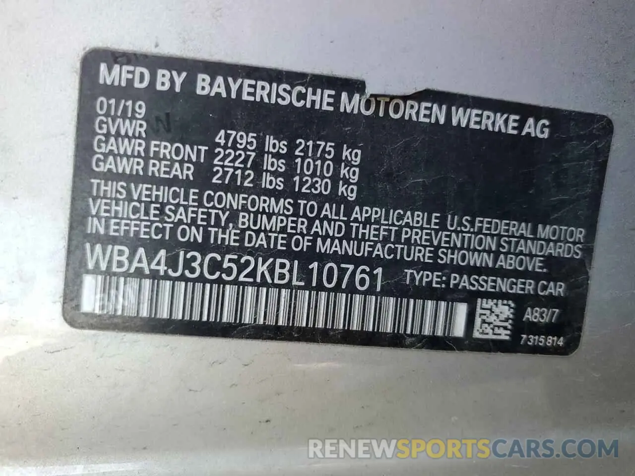 12 Photograph of a damaged car WBA4J3C52KBL10761 BMW 4 SERIES 2019