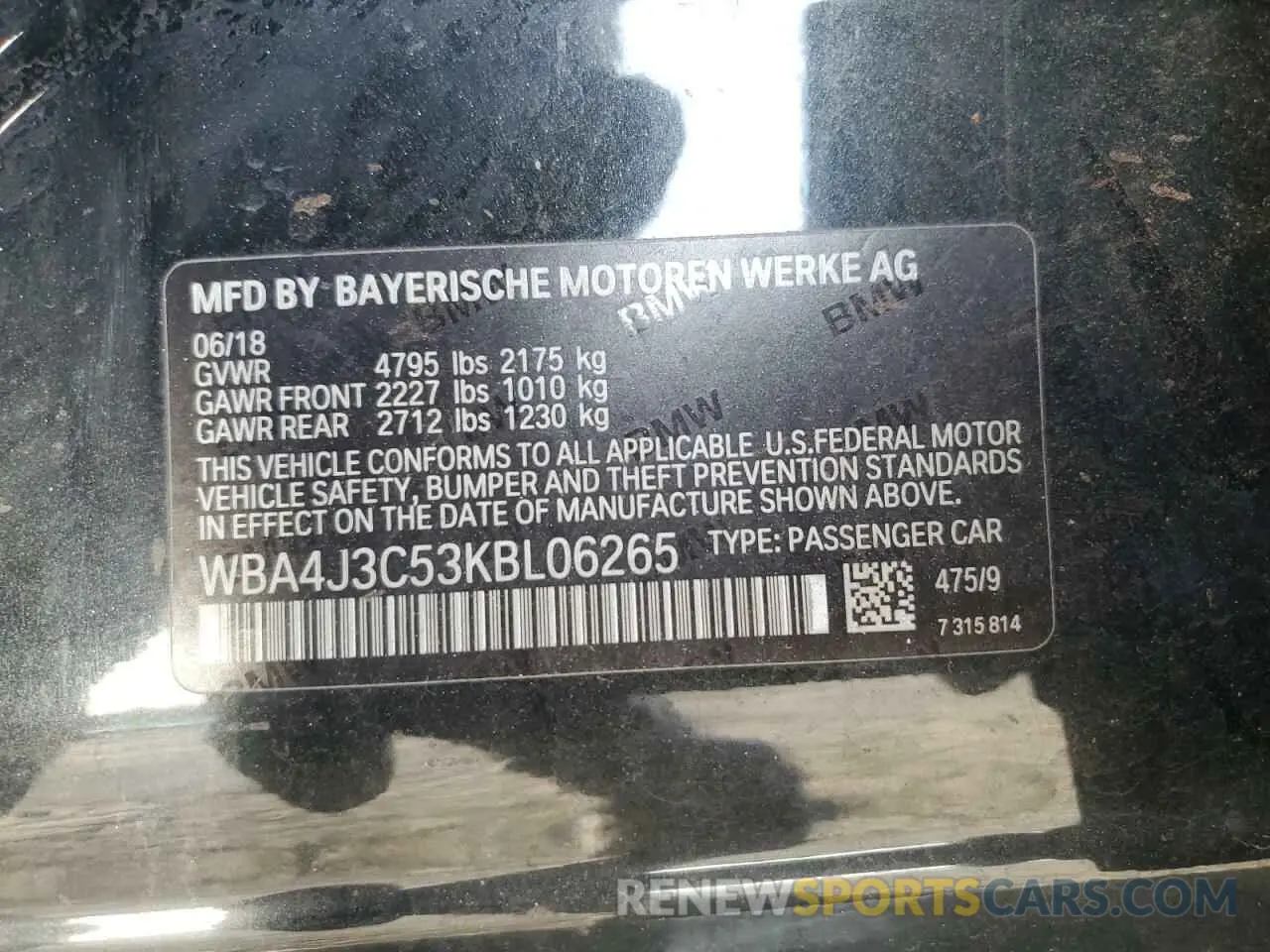12 Photograph of a damaged car WBA4J3C53KBL06265 BMW 4 SERIES 2019