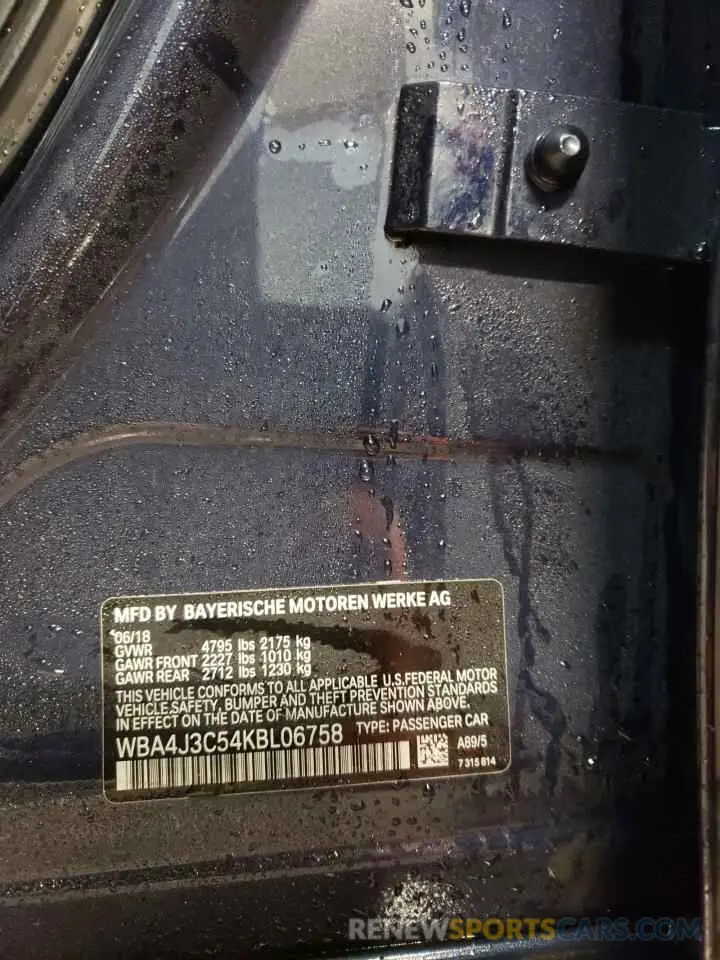 12 Photograph of a damaged car WBA4J3C54KBL06758 BMW 4 SERIES 2019