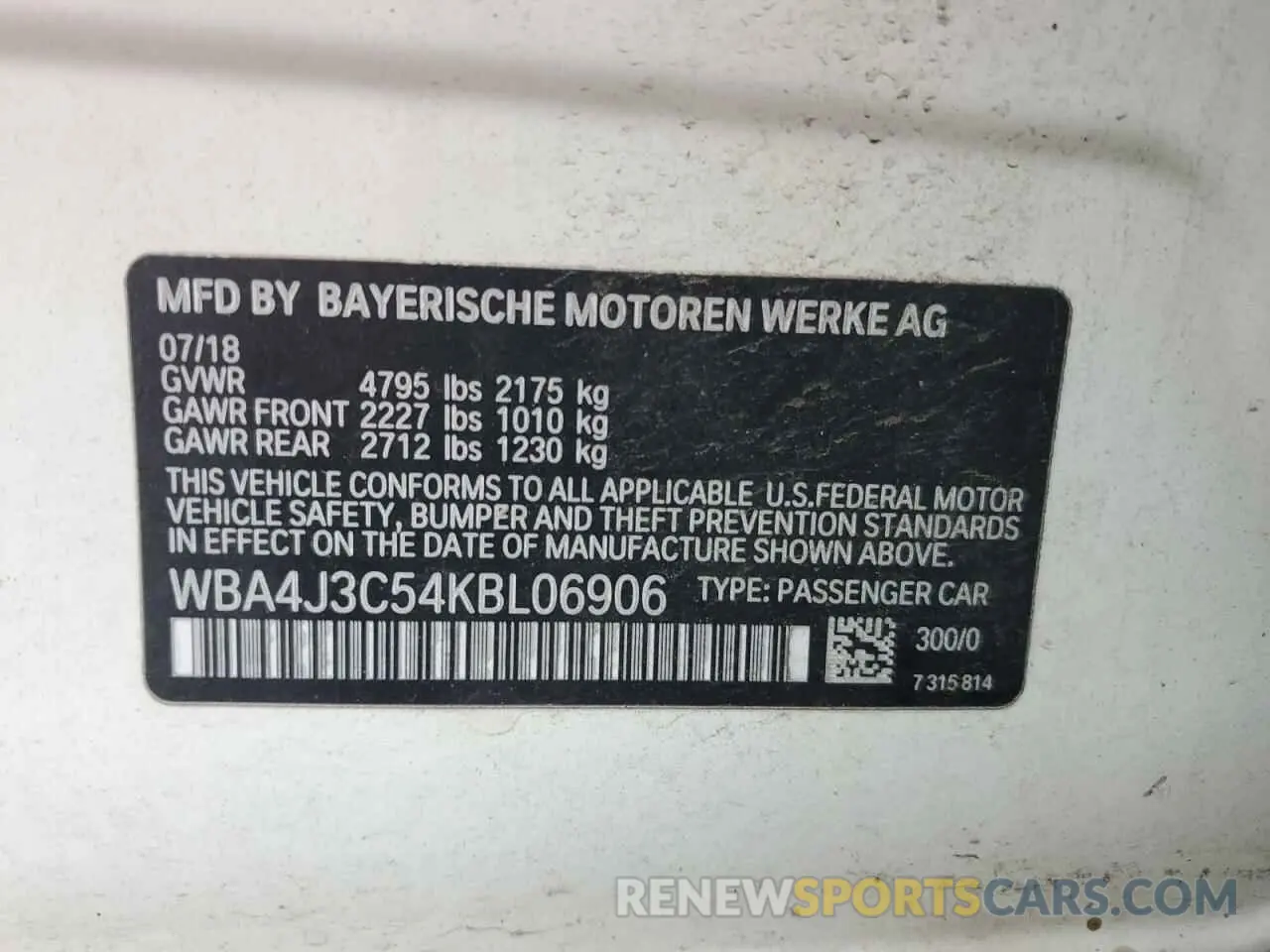 13 Photograph of a damaged car WBA4J3C54KBL06906 BMW 4 SERIES 2019