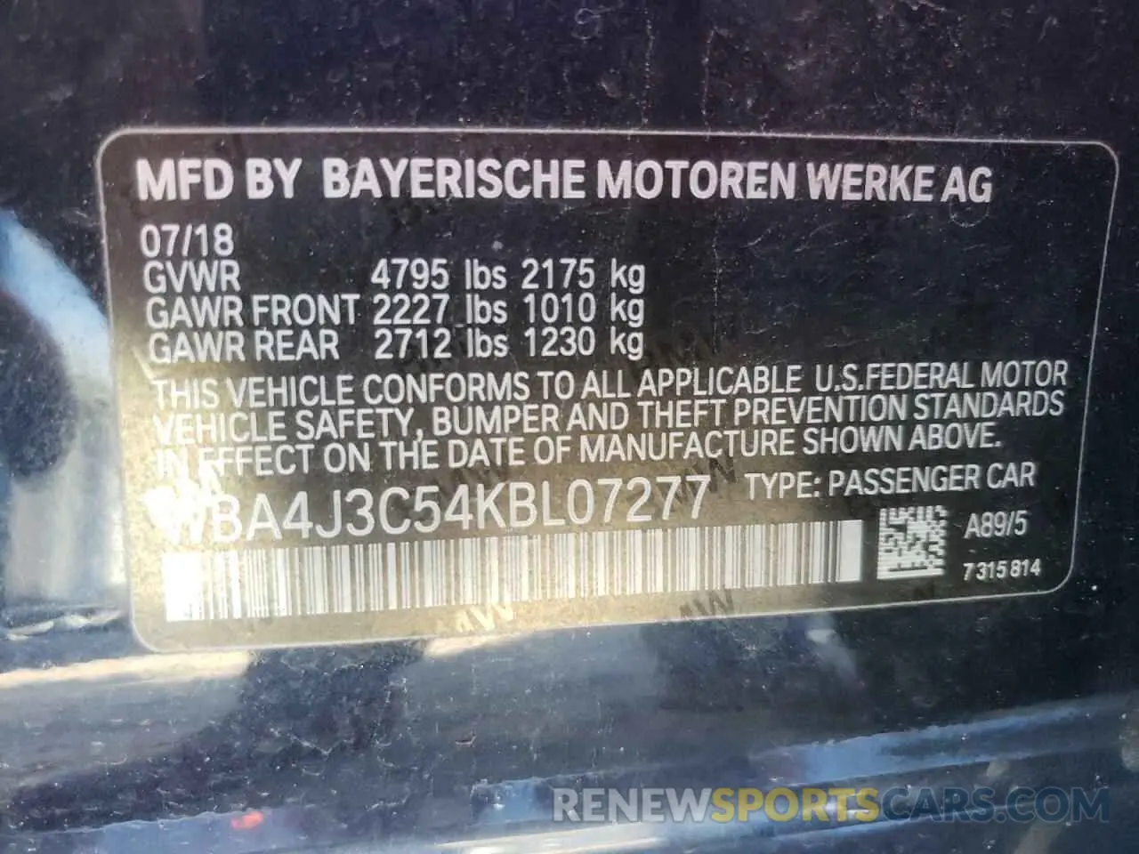 10 Photograph of a damaged car WBA4J3C54KBL07277 BMW 4 SERIES 2019