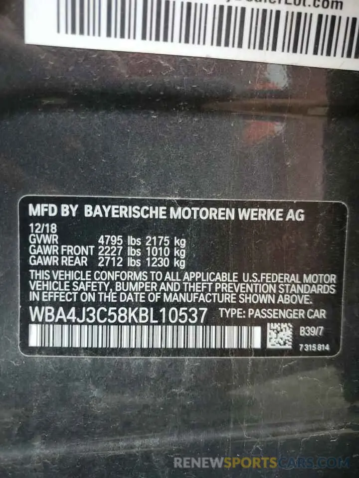 12 Photograph of a damaged car WBA4J3C58KBL10537 BMW 4 SERIES 2019