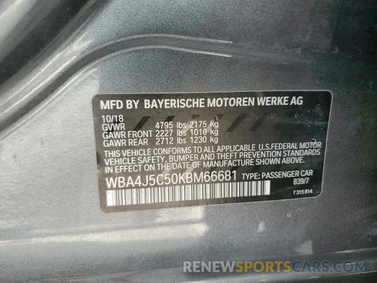 12 Photograph of a damaged car WBA4J5C50KBM66681 BMW 4 SERIES 2019