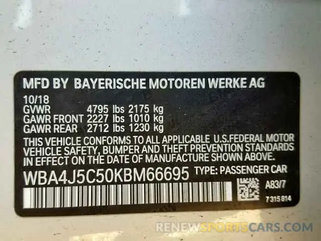 10 Photograph of a damaged car WBA4J5C50KBM66695 BMW 4 SERIES 2019