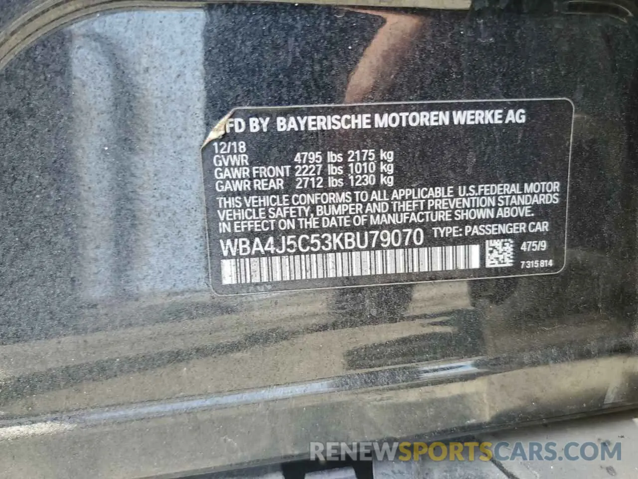 12 Photograph of a damaged car WBA4J5C53KBU79070 BMW 4 SERIES 2019