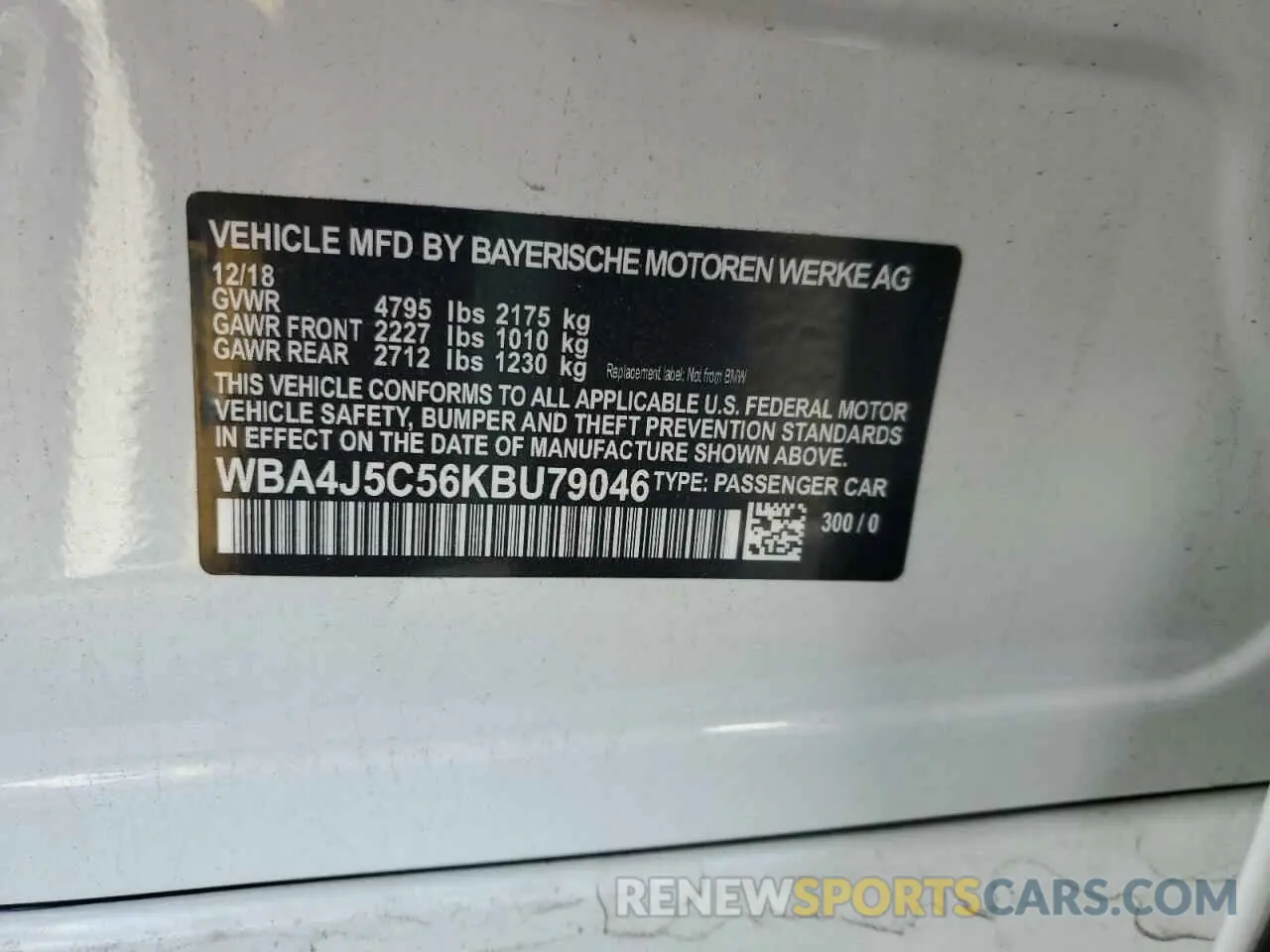 12 Photograph of a damaged car WBA4J5C56KBU79046 BMW 4 SERIES 2019