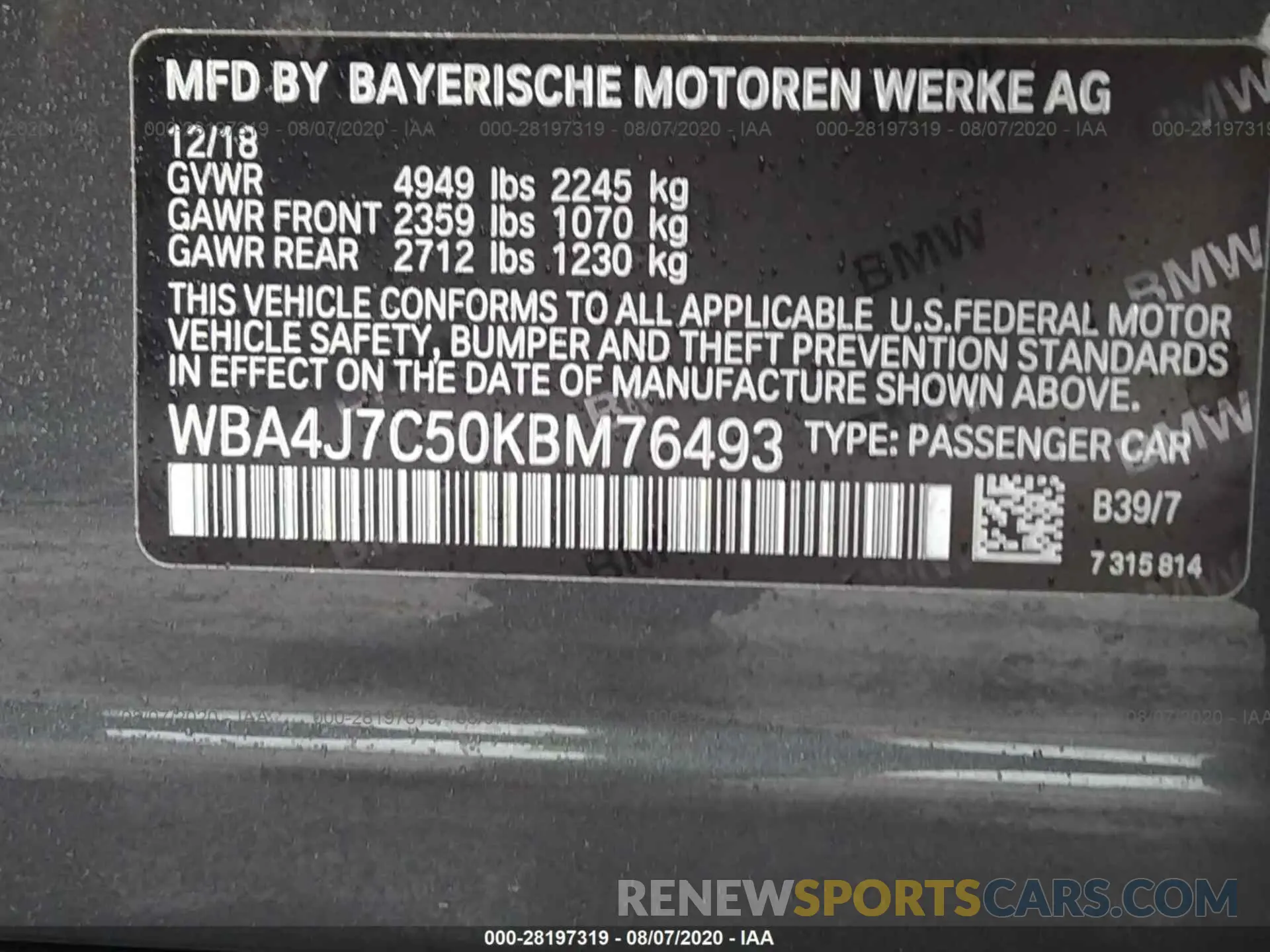 9 Photograph of a damaged car WBA4J7C50KBM76493 BMW 4 SERIES 2019