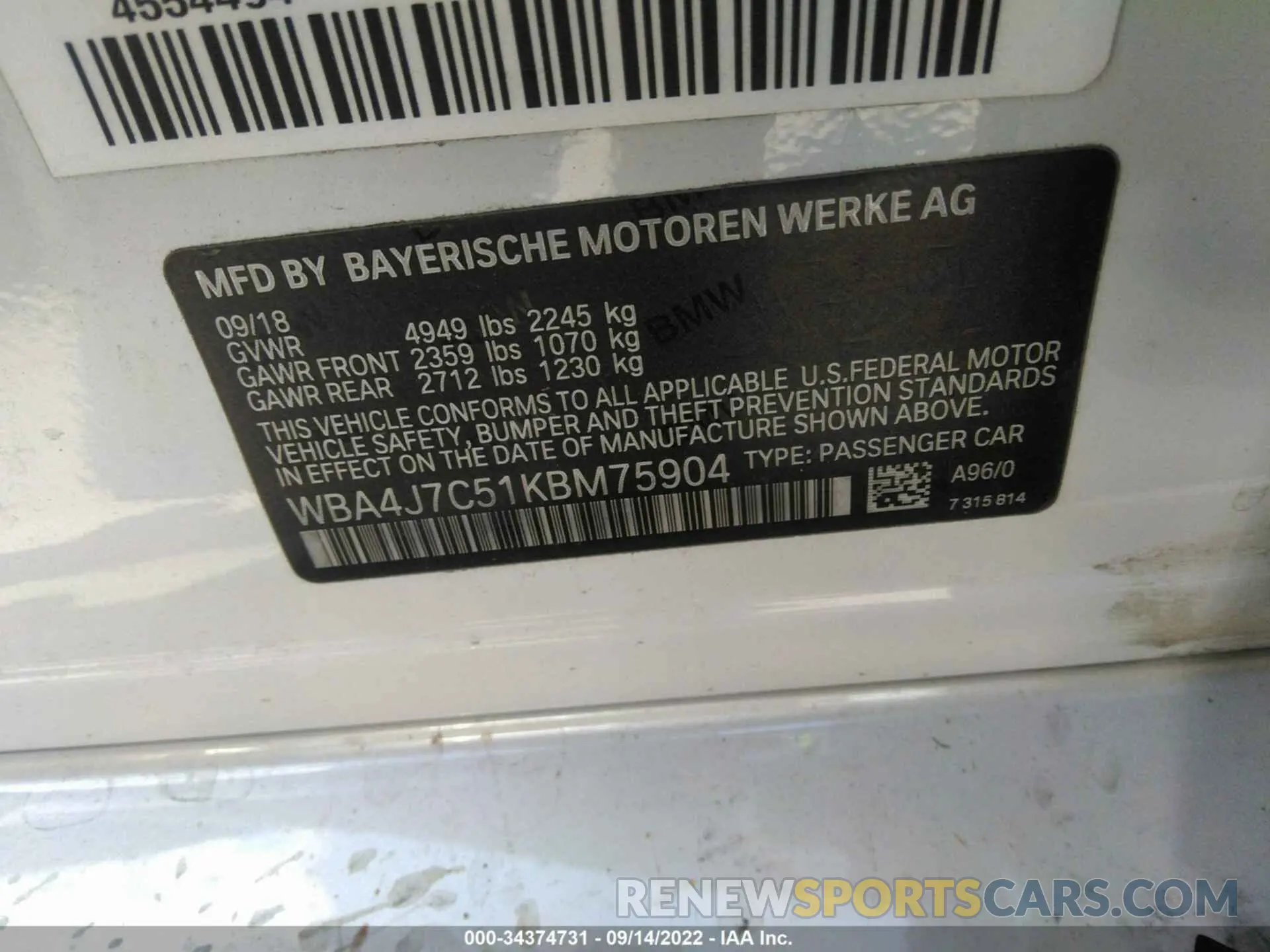 9 Photograph of a damaged car WBA4J7C51KBM75904 BMW 4 SERIES 2019