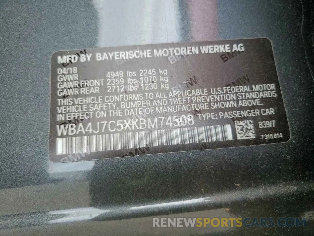 12 Photograph of a damaged car WBA4J7C5XKBM74508 BMW 4 SERIES 2019