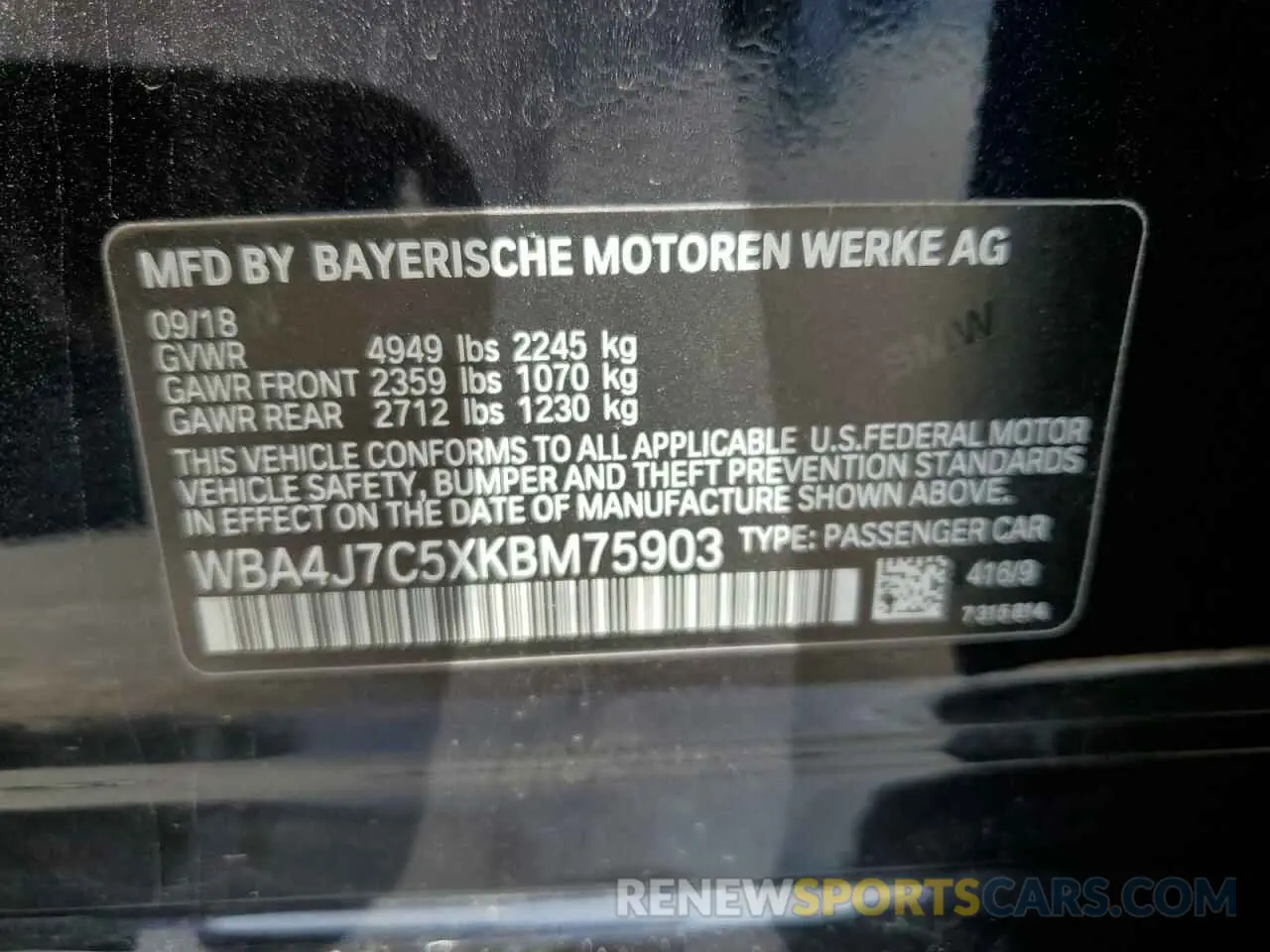 15 Photograph of a damaged car WBA4J7C5XKBM75903 BMW 4 SERIES 2019