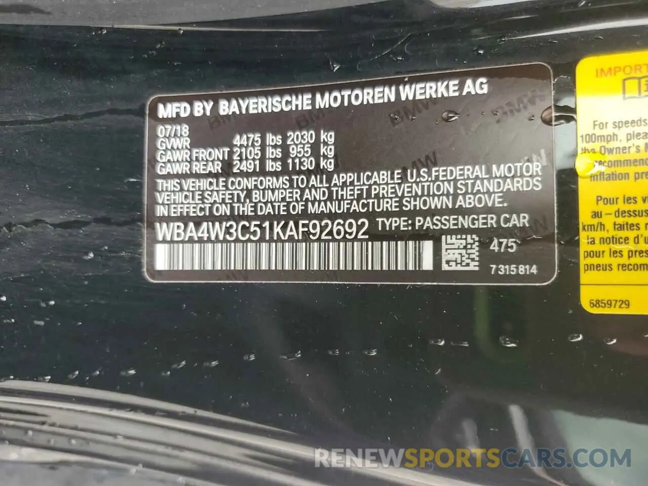 12 Photograph of a damaged car WBA4W3C51KAF92692 BMW 4 SERIES 2019