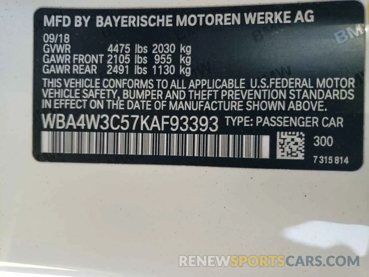 12 Photograph of a damaged car WBA4W3C57KAF93393 BMW 4 SERIES 2019