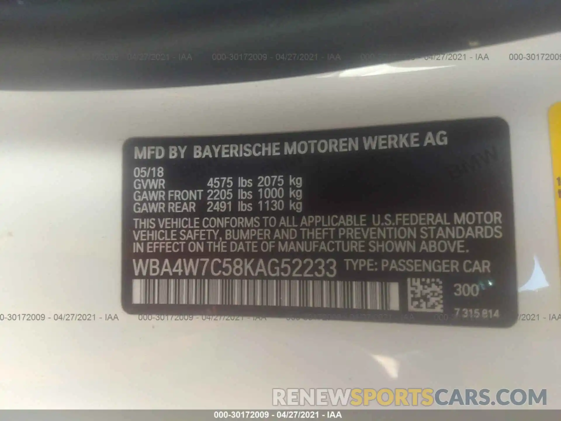 9 Photograph of a damaged car WBA4W7C58KAG52233 BMW 4 SERIES 2019