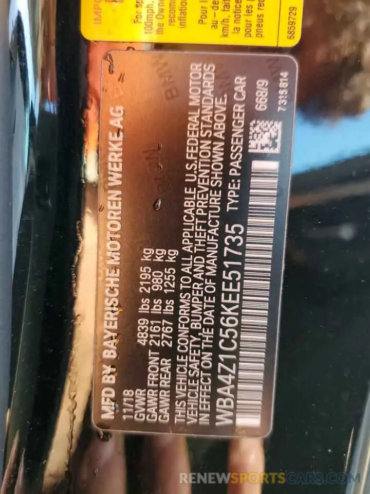 12 Photograph of a damaged car WBA4Z1C56KEE51735 BMW 4 SERIES 2019