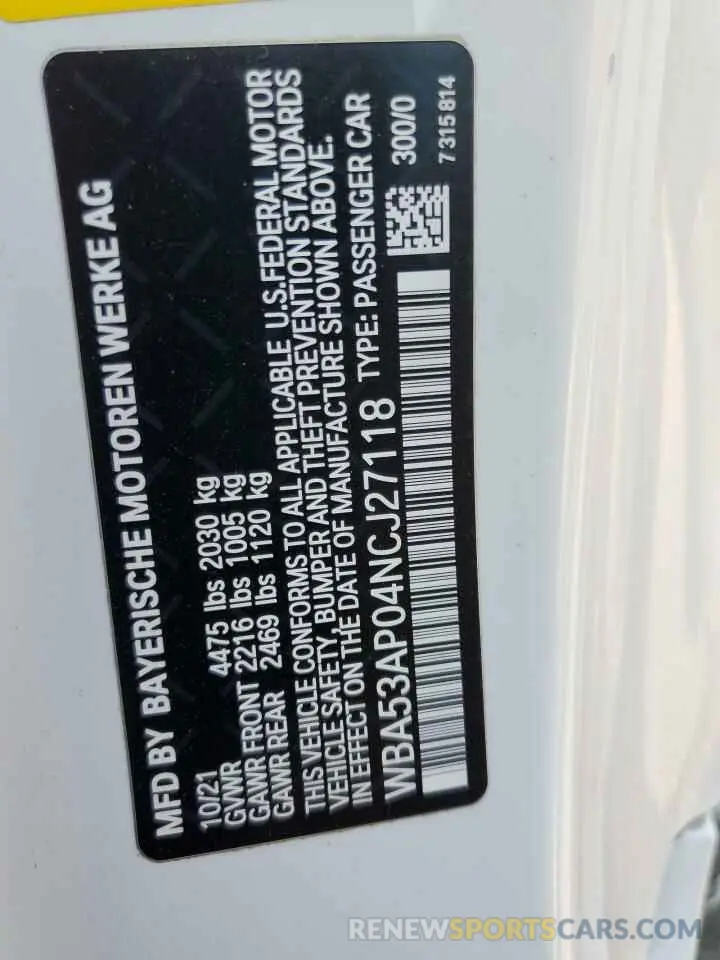 13 Photograph of a damaged car WBA53AP04NCJ27118 BMW 4 SERIES 2022