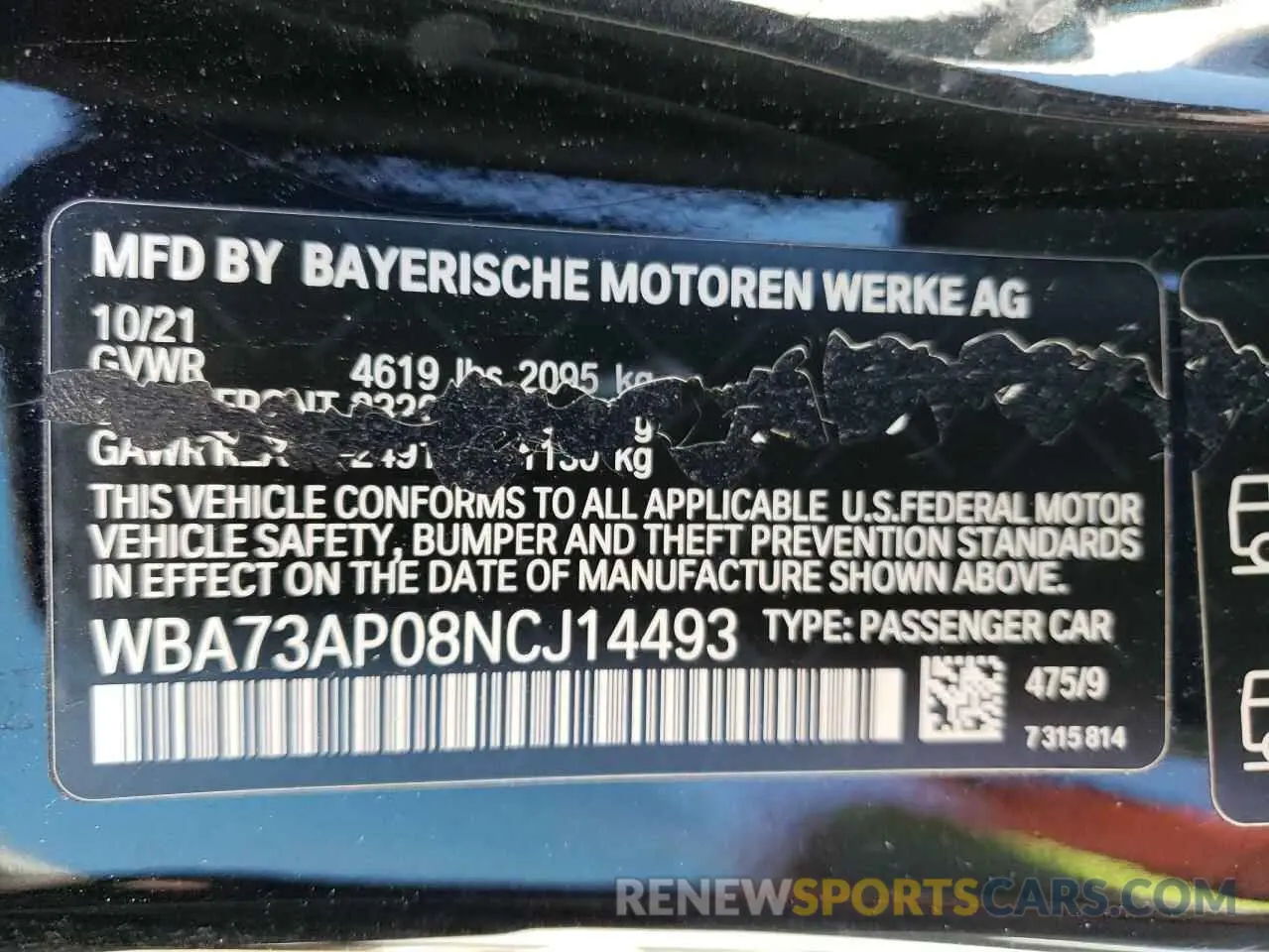 13 Photograph of a damaged car WBA73AP08NCJ14493 BMW 4 SERIES 2022