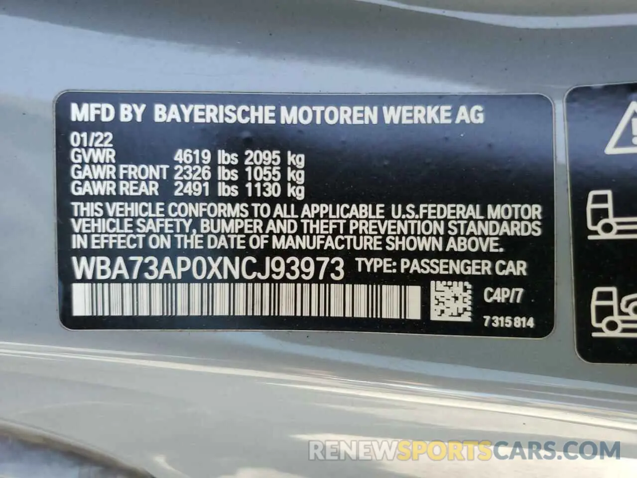 12 Photograph of a damaged car WBA73AP0XNCJ93973 BMW 4 SERIES 2022