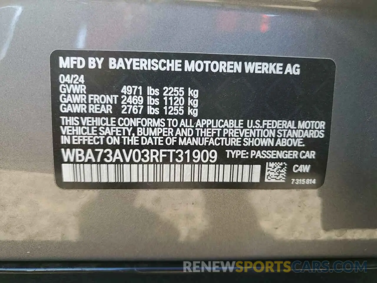 12 Photograph of a damaged car WBA73AV03RFT31909 BMW 4 SERIES 2024