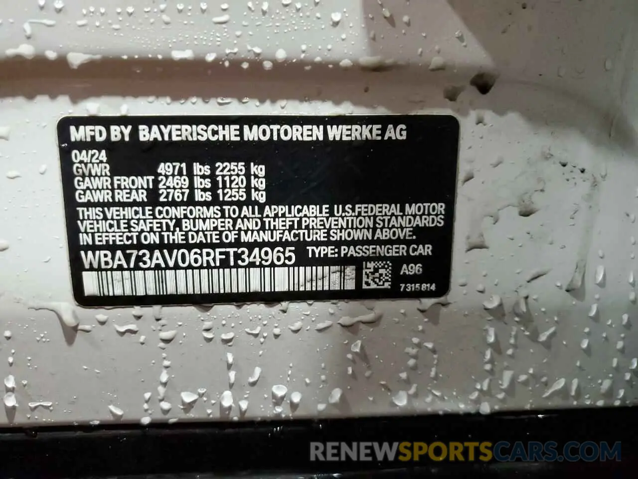12 Photograph of a damaged car WBA73AV06RFT34965 BMW 4 SERIES 2024