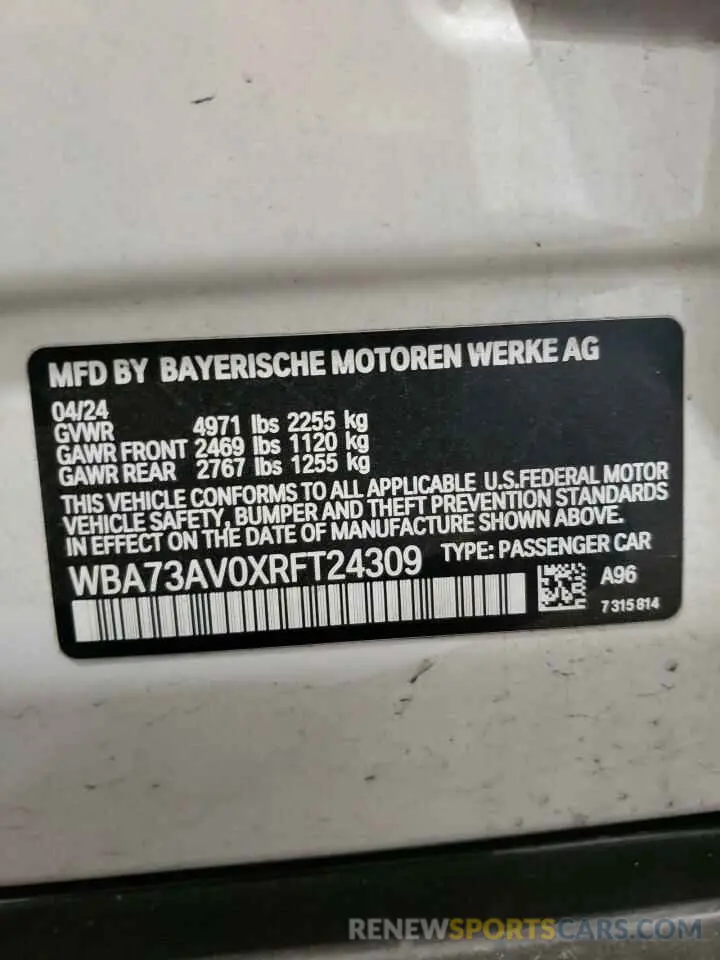 12 Photograph of a damaged car WBA73AV0XRFT24309 BMW 4 SERIES 2024