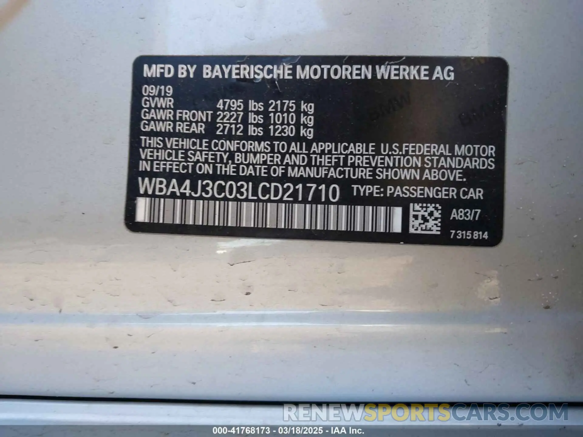 8 Photograph of a damaged car WBA4J3C03LCD21710 BMW 430I GRAN COUPE 2020