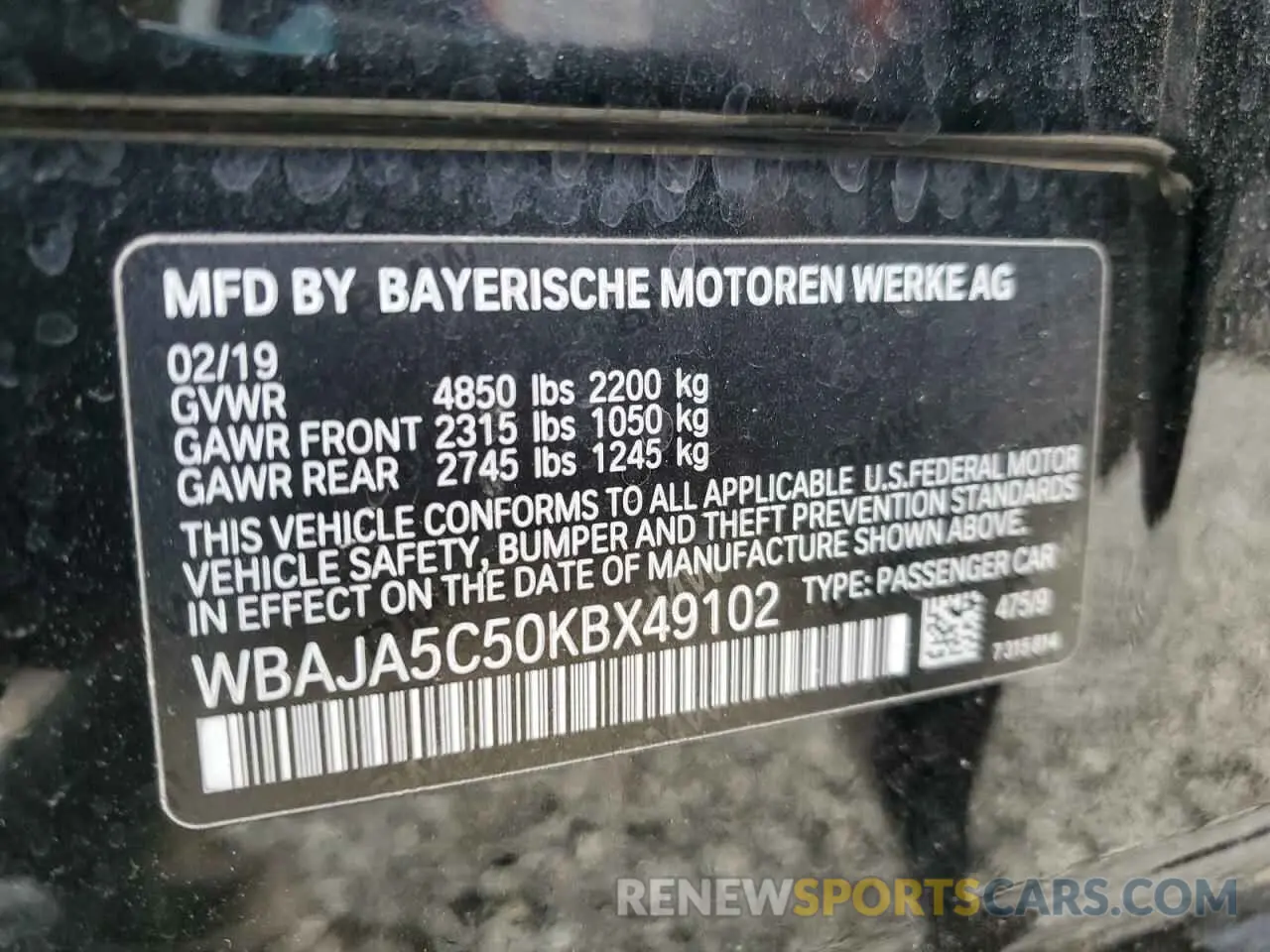 12 Photograph of a damaged car WBAJA5C50KBX49102 BMW 5 SERIES 2019