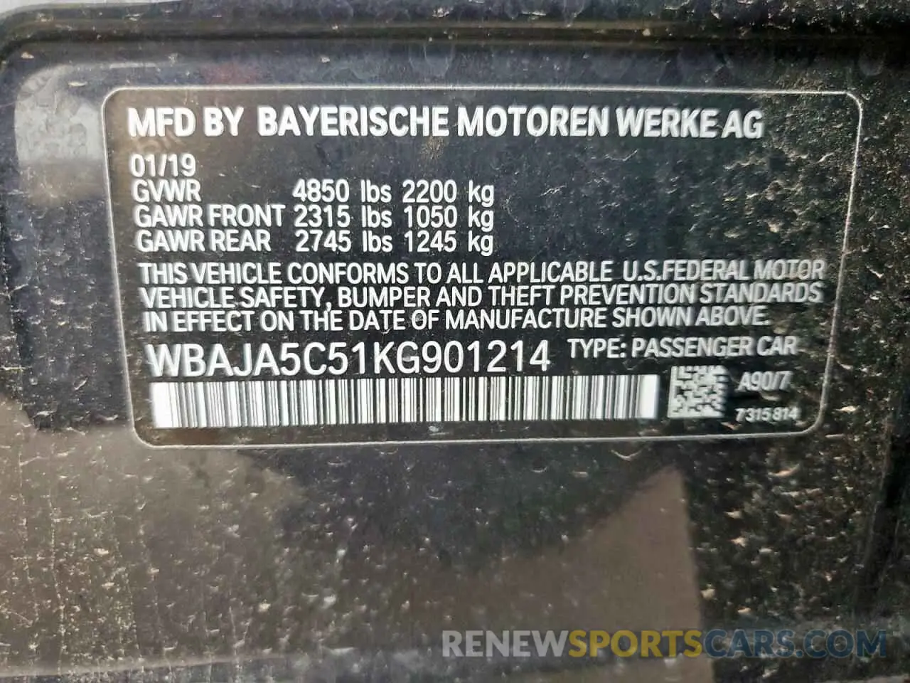12 Photograph of a damaged car WBAJA5C51KG901214 BMW 5 SERIES 2019